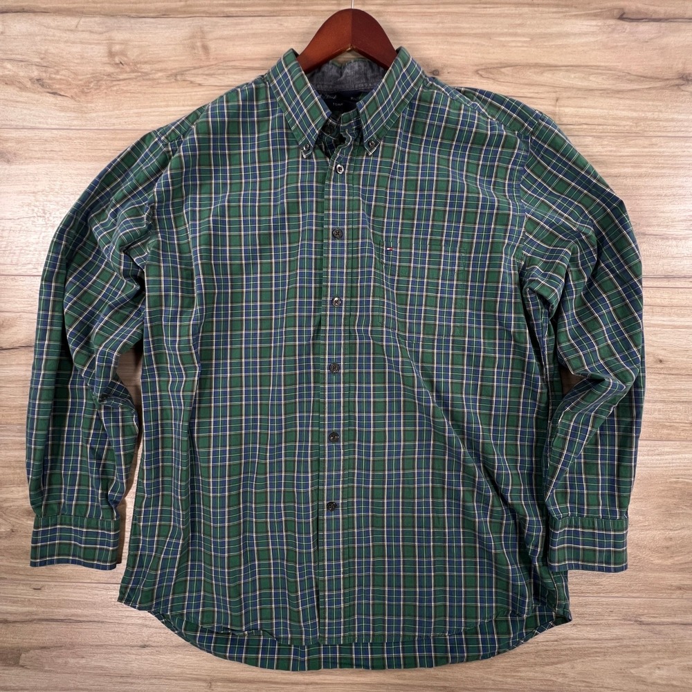 Tommy Hilfiger Mens XL Green Blue Plaid Long Sleeve Button Down Cotton Shirt